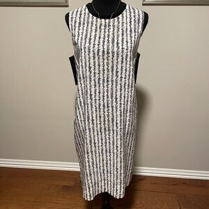 Derek Lam silk sleeveless midi dress in white+blue-gray print, size 12